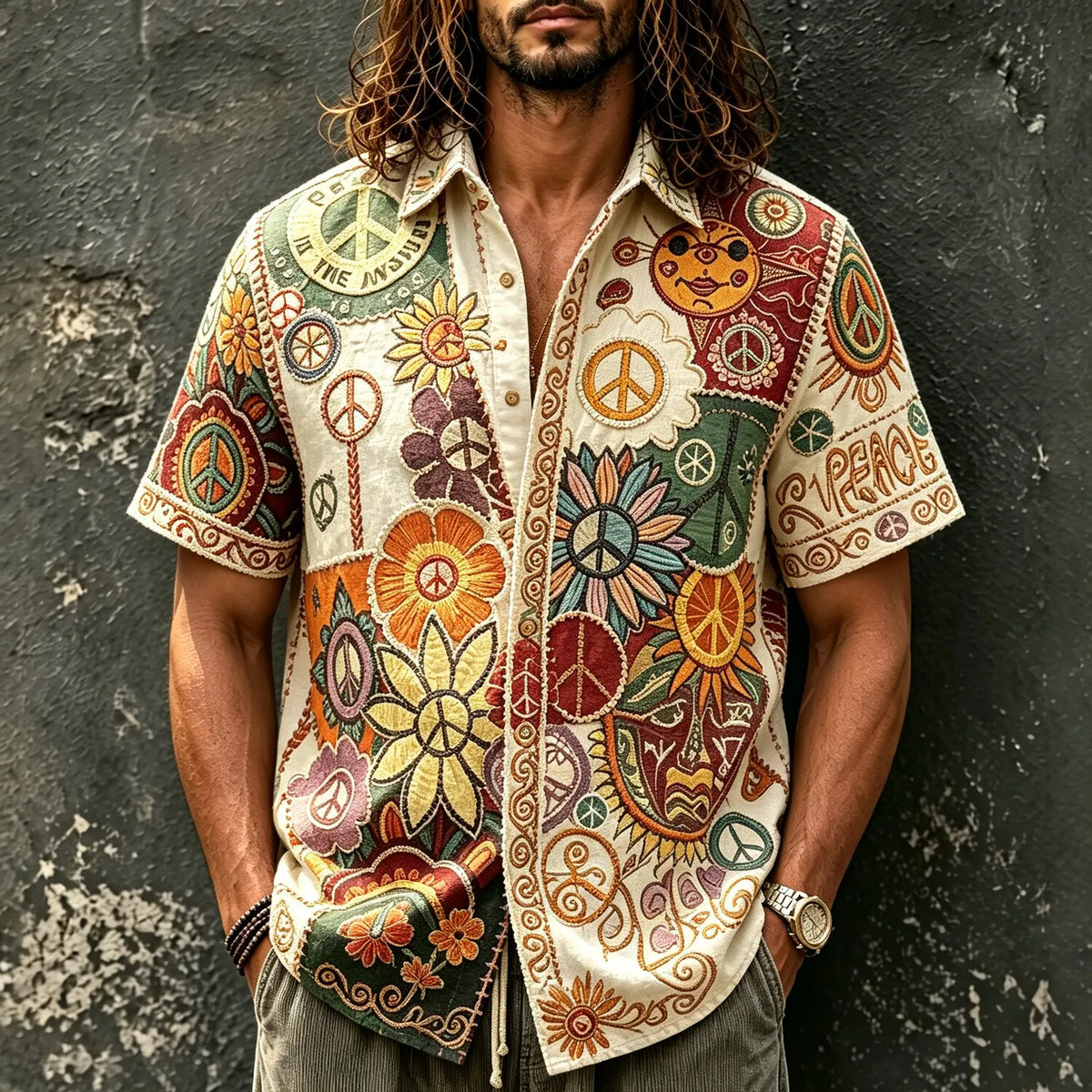 Men's Boho Hippie Peace Symbol Print Short Sleeve Buttons Shirt