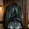 Female Witch Black Cat Print Halloween Retro Crew Neck Sweatshirt