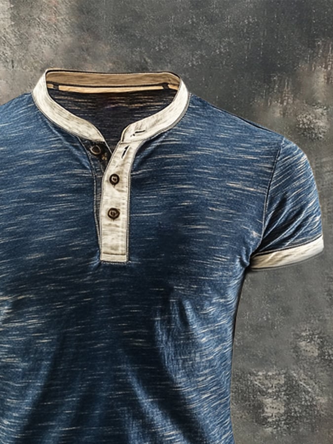 Men's casual retro color block Henley T-shirt