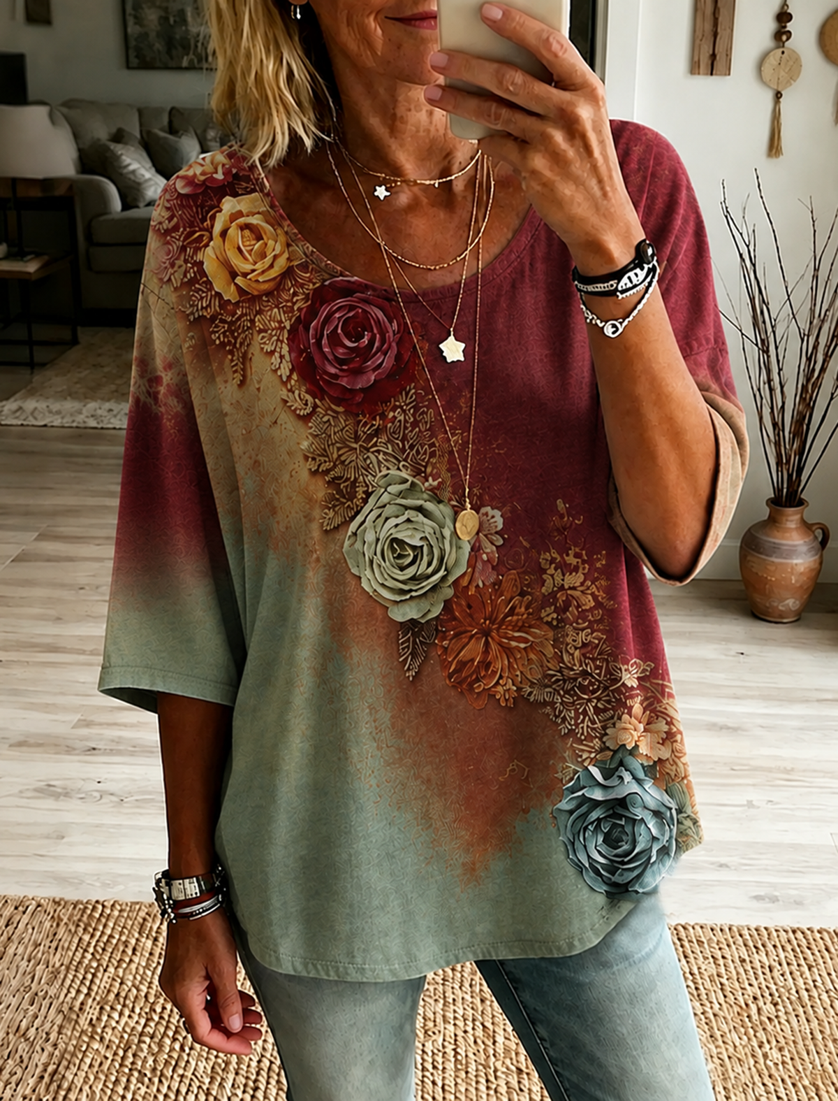 The Sunset Collection Women's Classic Bohemian Floral And Rose Gradient Print Linen Blend Round Neck Mid-length Sleeves Tops
