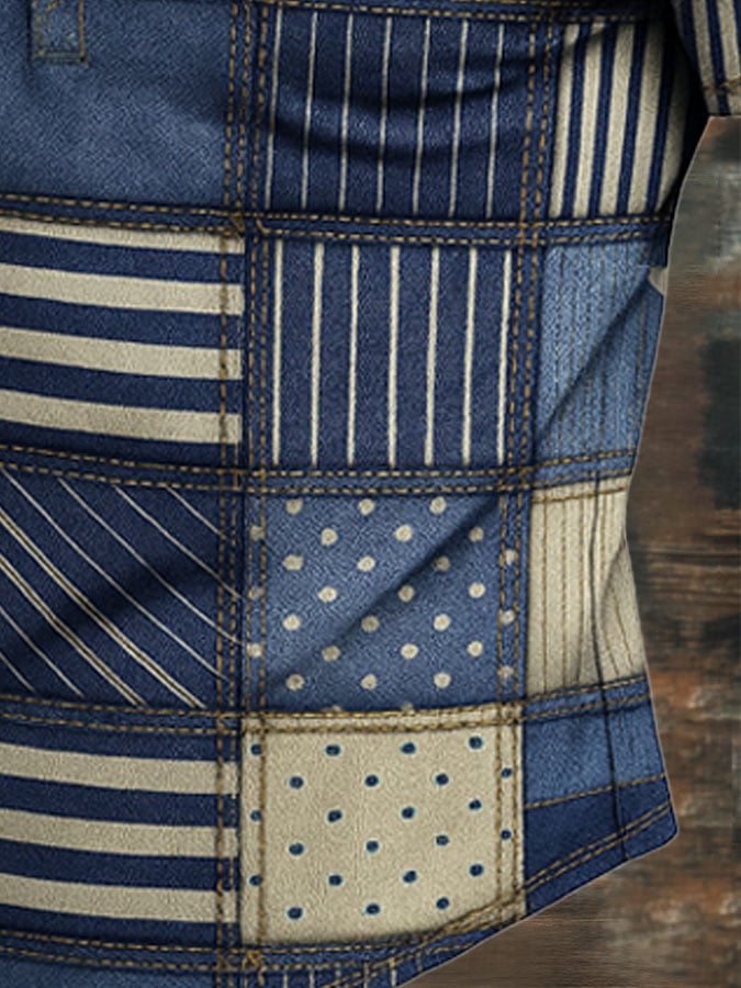 Men's vintage-look patchwork print Henley T-shirt with short sleeves