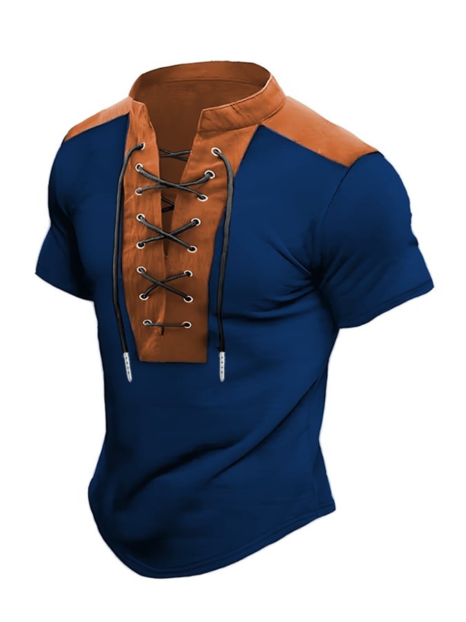 Men's Color Block Drawstring Short Sleeve T-Shirt
