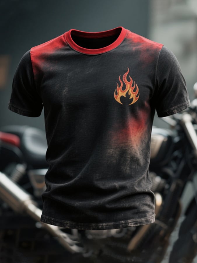 Men's retro gradient flame print round neck short sleeve T-shirt