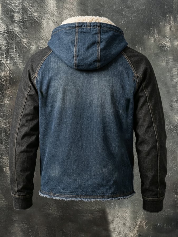 Men's Vintage Denim-Panelled Warm Hooded Jacket