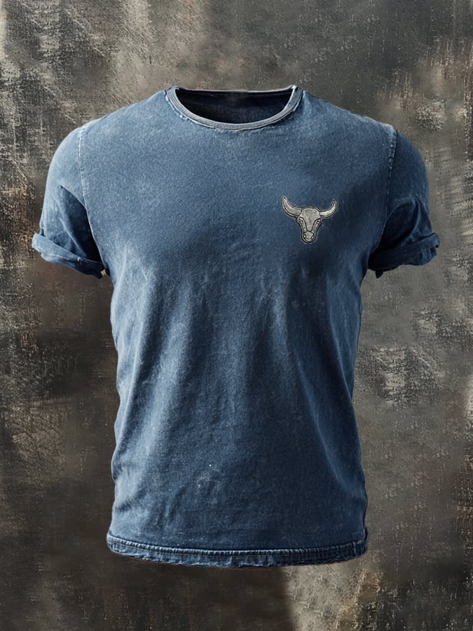 Men's vintage-style washed cotton T-shirt with round neck and short sleeves