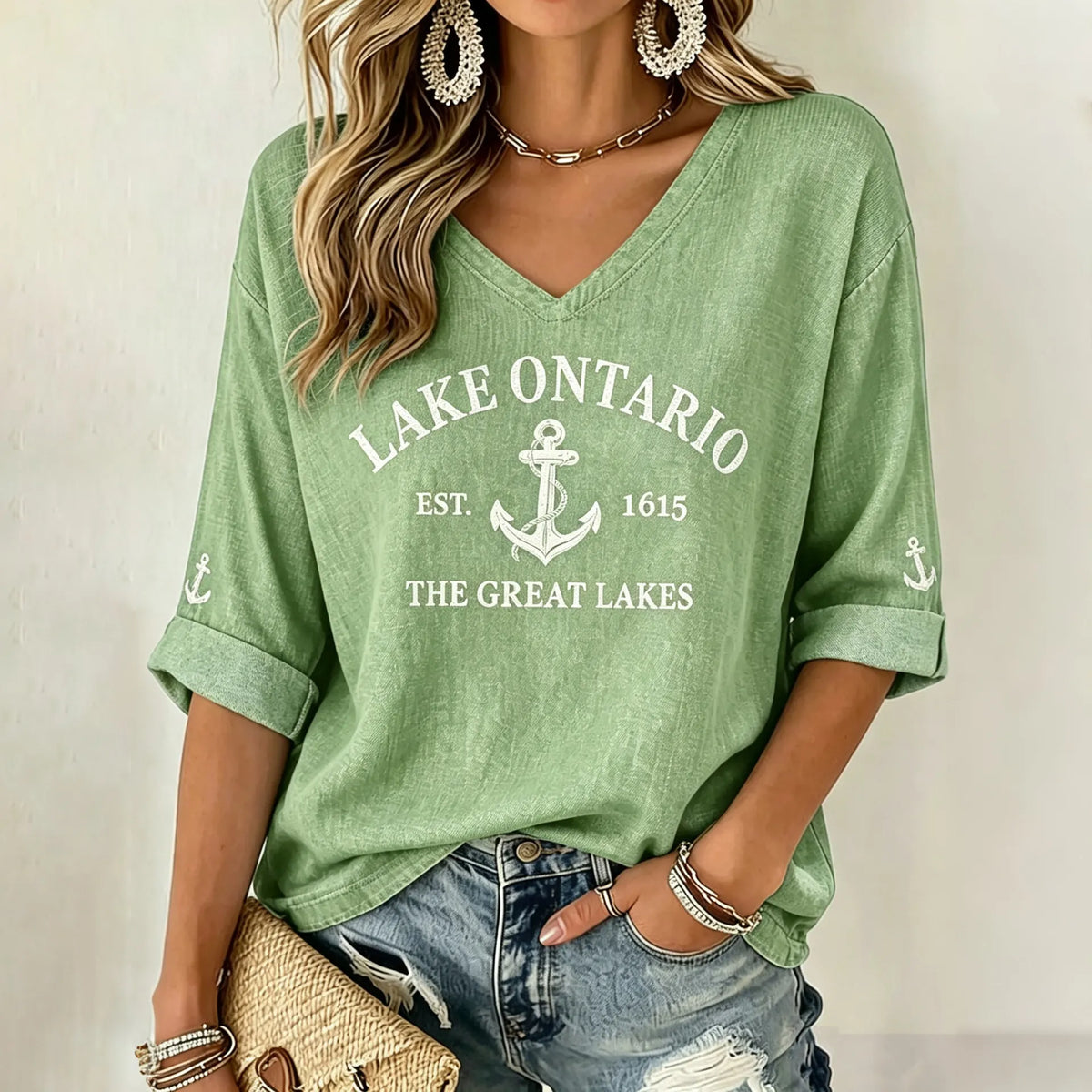Lake Ontario 1615 Printed Women's Mid-sleeve V-neck T-shirt