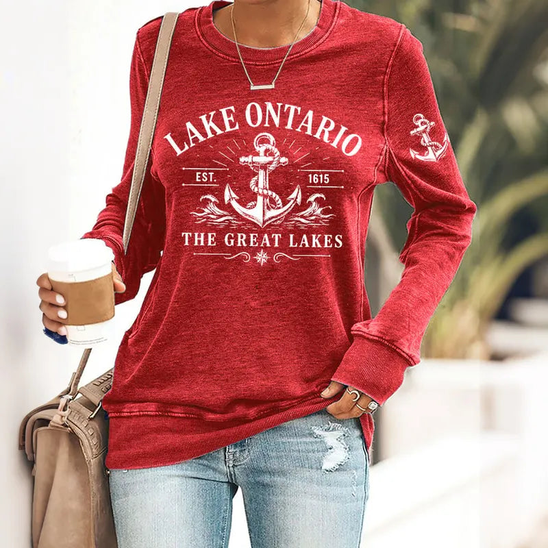 Retro Lake Ontario Est 1615 The Great Lakes Print Sweatshirt