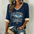 Women's V-neck Lake Ontario Color Block Print T-shirt
