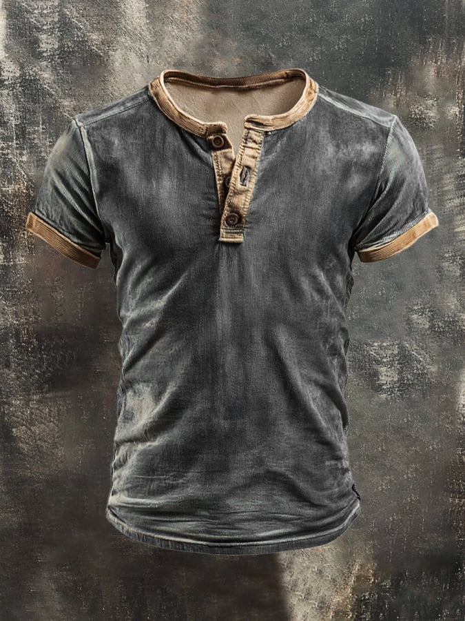 Men's casual retro wash colorblock Henley T-shirt