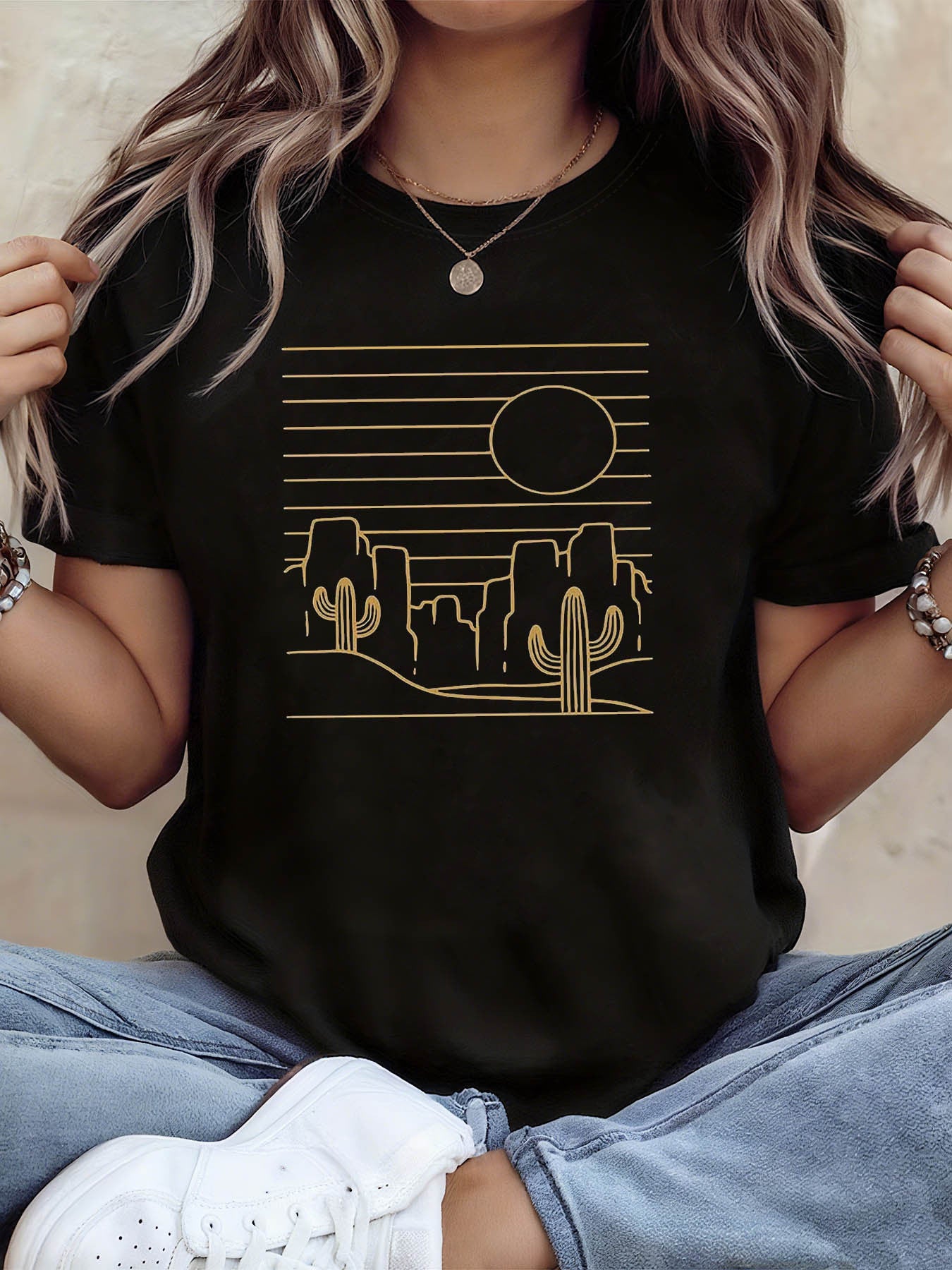 Desert Sunset Cactus Printed T-Shirt