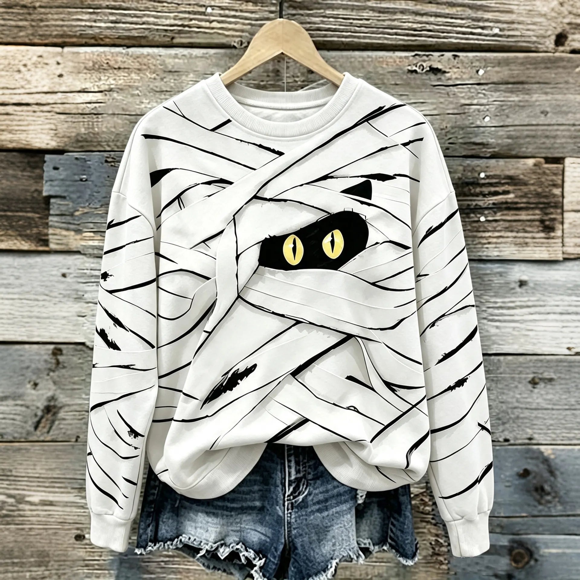 Women's Halloween Cute Mummy Black Cat Cartoon Style Print Casual Sweatshirt