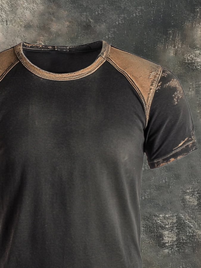 Men's Retro Washed Colorblock Casual Washed Round Neck Short Sleeve T-Shirt