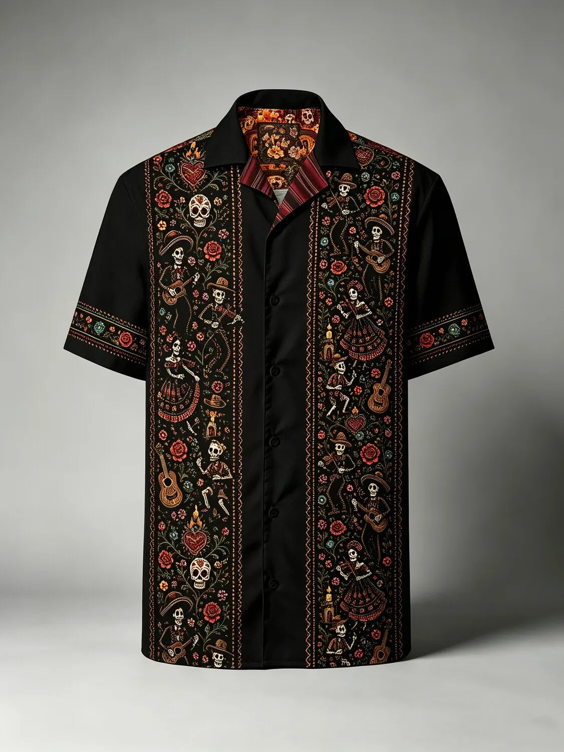 Men's Ornate Floral Trim Skeleton Dancer Musician Print Cuban Collar Short Sleeve Shirt