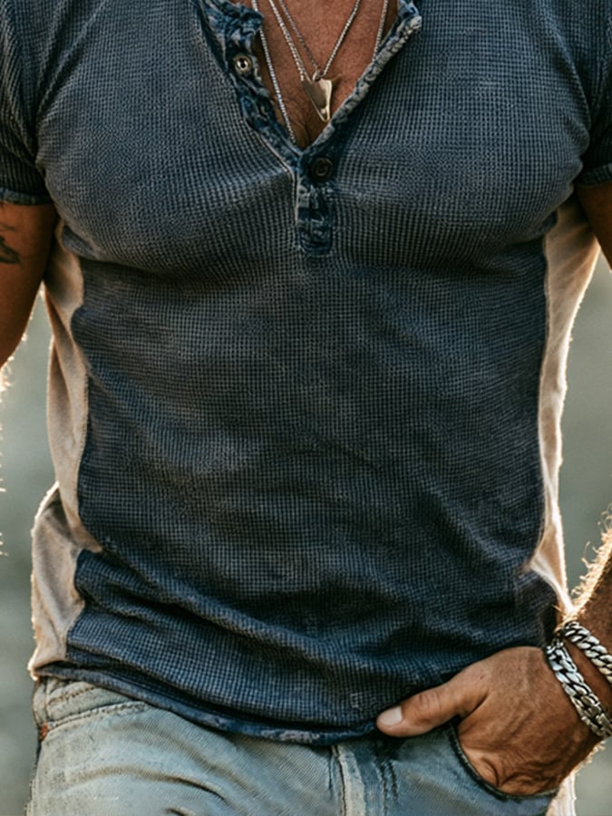 Men's Fashion Color-Block Waffle-Knit Henley Short-Sleeve T-Shirt