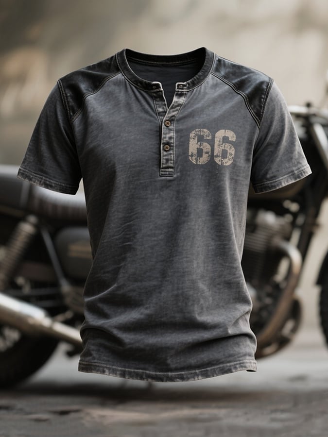 Men's Vintage Distressed Colorblock Casual Henley Short Sleeve T-Shirt