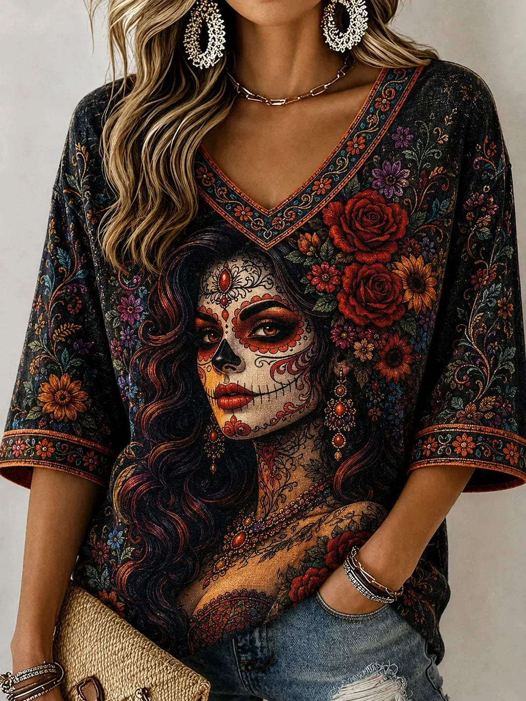 Women's Day Of The Dead Skull Girl Rose Graphic Print 3/4 Sleeve V-Neck T-Shirt