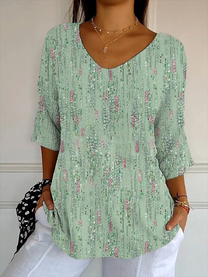 Women's Artistic Design Printed Ribbed Fabric Casual V-Neck Mid-Sleeve T-Shirt