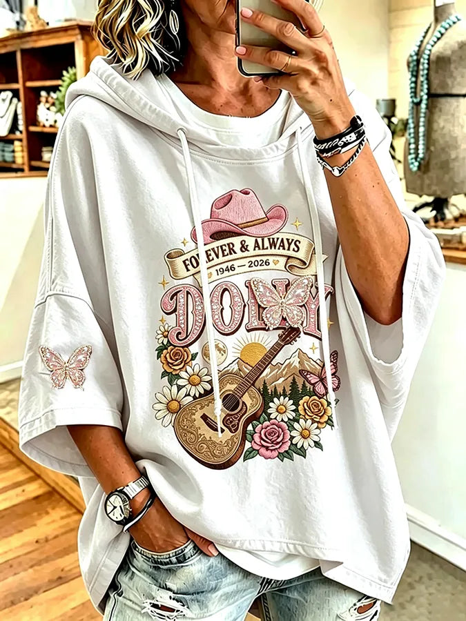 Women's commemorative printed round neck hooded sweatshirt