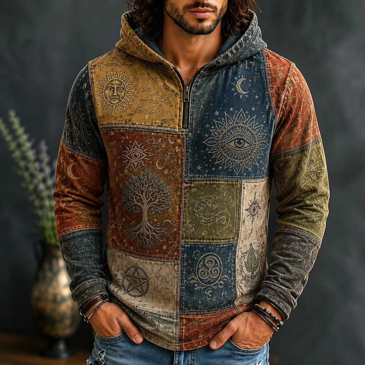 Men's Tree Of Life Celestial Eye Totem Patchwork Print Zipper Hoodies