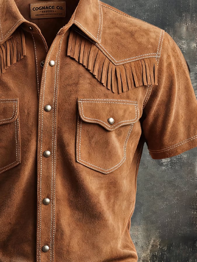 Men's Vintage-Style Western Faux Suede Fringe Shirt