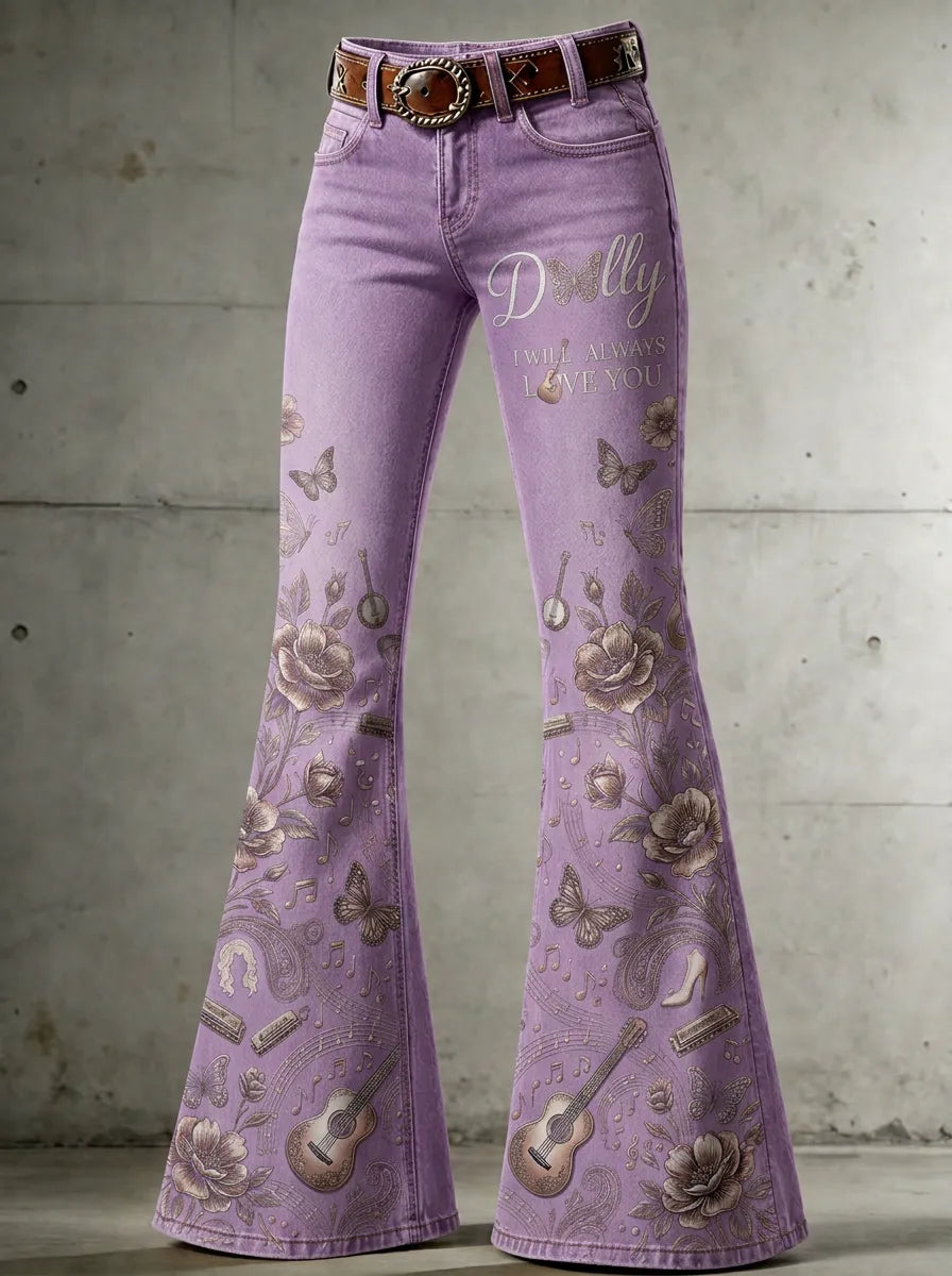 Women's Dolly Parton Butterfly Floral Guitar Printed Flare Jeans