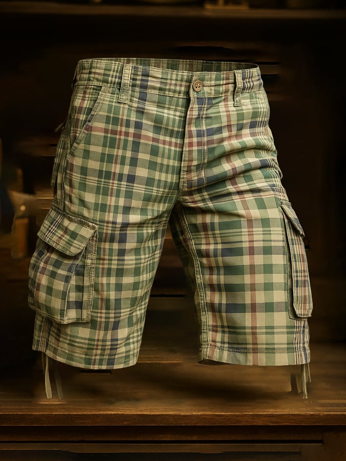 Men's Vintage Outdoor Cotton Plaid Woven Functional Work Shorts