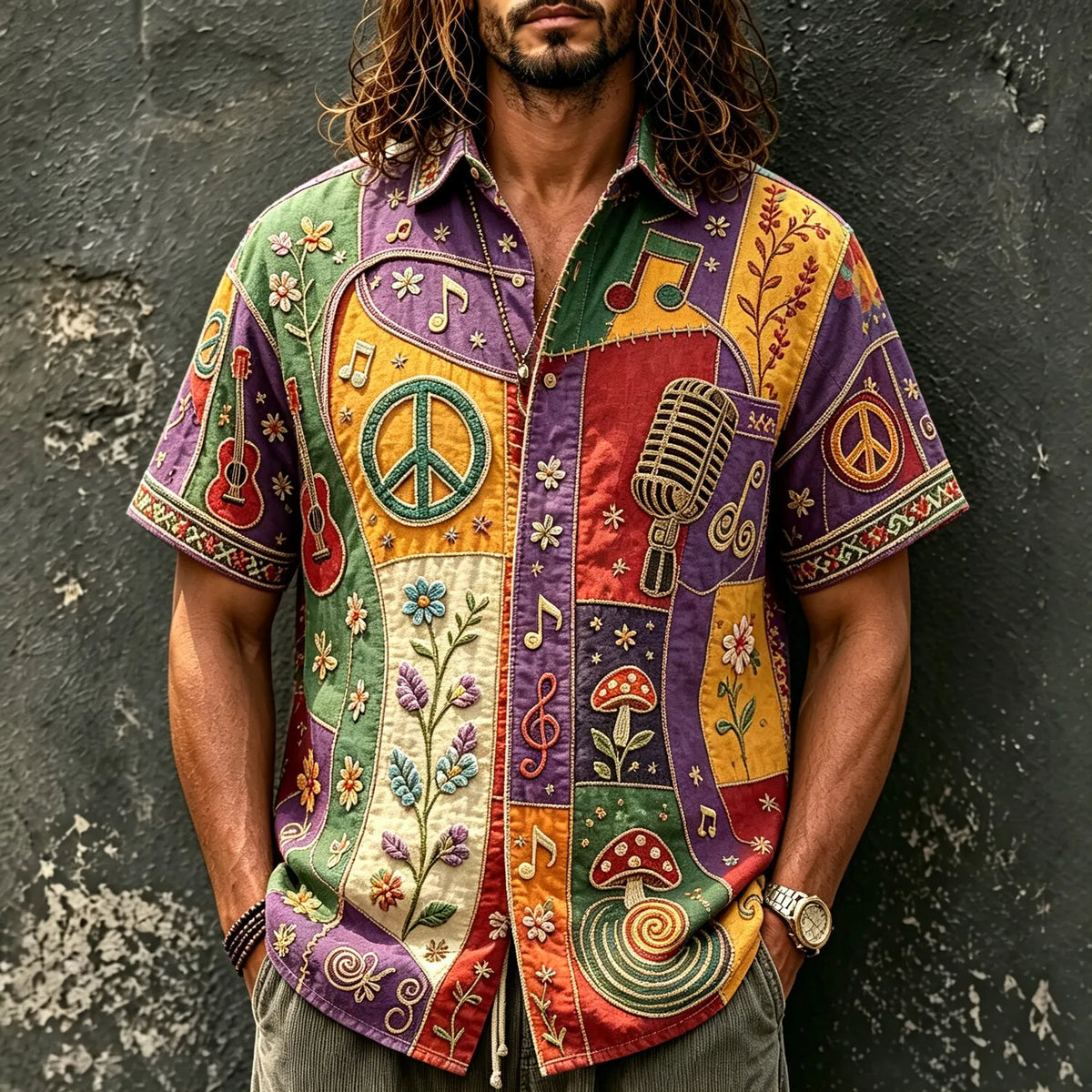Men's Peace Mic Guitar Mushroom Print Short Sleeve Buttons Shirt