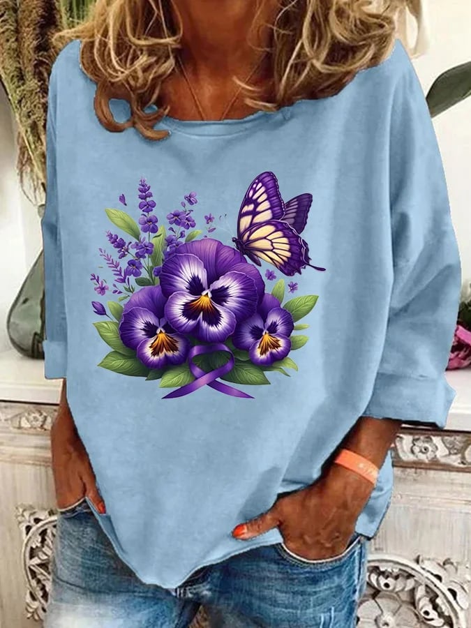 Women's Alzheimer's Awareness Purple Floral Print Casual Sweatshirt