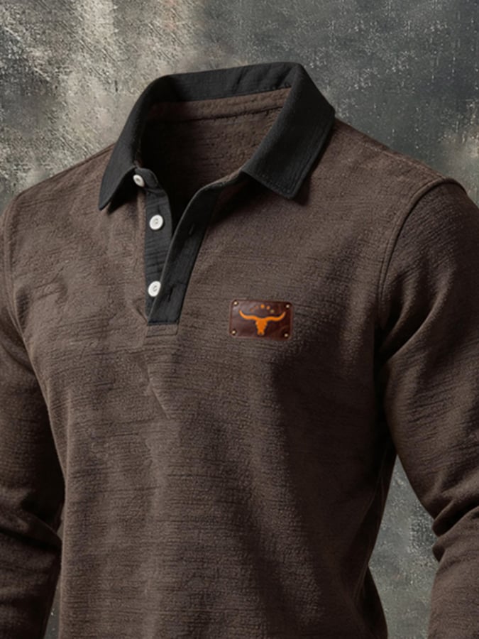 Men's Retro Color-Block Long-Sleeve Polo Shirt