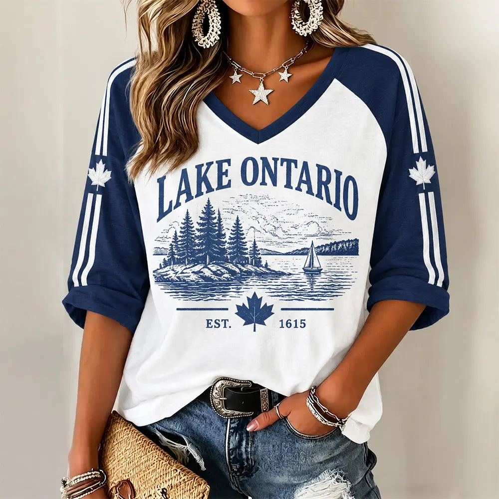 Women's Lake Ontario Pattern Print Raglan Sleeve Short Sleeve T-shirt