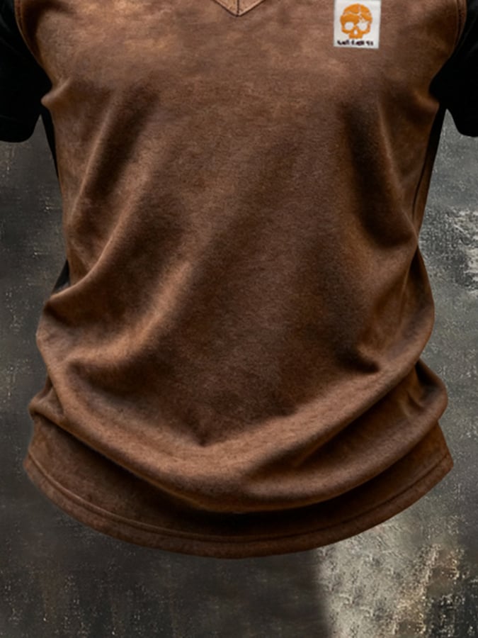 Men's Retro Color-Block Lace-Up Short-Sleeve T-Shirt