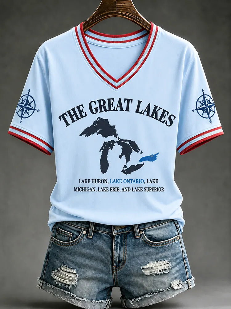 Women’s Lake Ontario Print V Neck Casual T-shirt