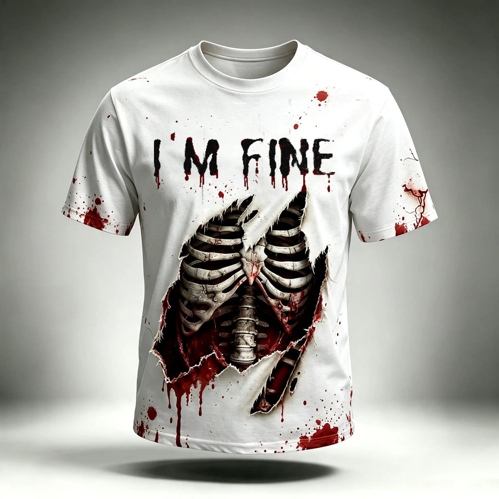Men's I'm Fine Bloody Skull 3d Print Graphics Short Sleeve Crewneck T-shirt