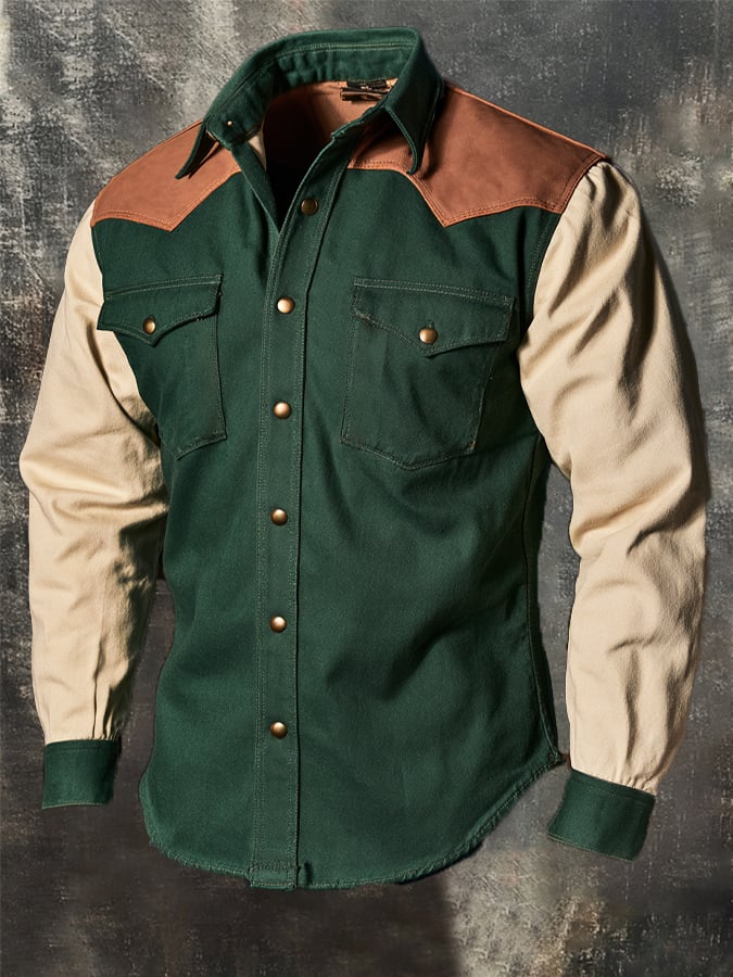 Men's Vintage-Style Color-Block Western Leather Shirt