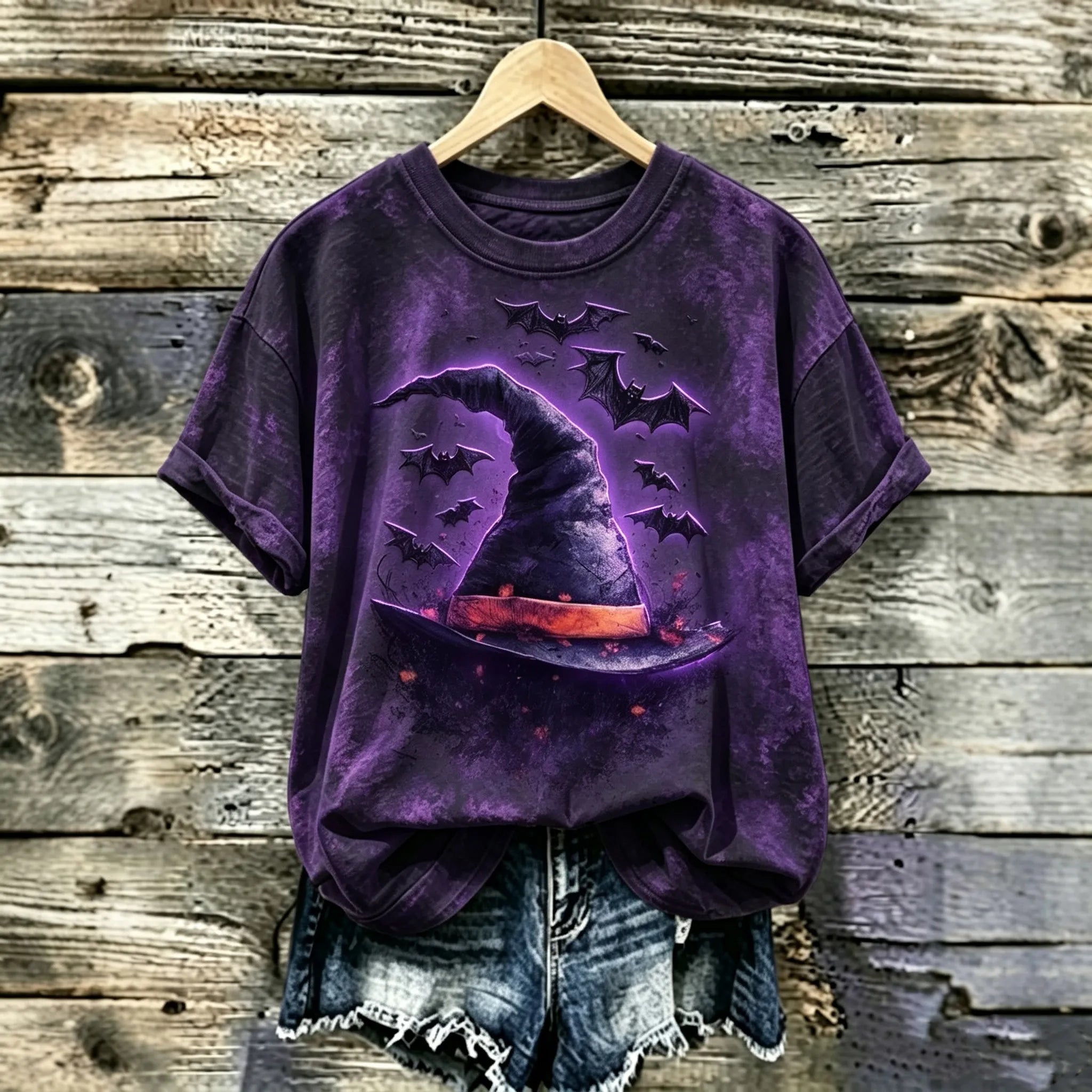 Women's Retro Halloween Witch Hat And Bat Print T-shirt