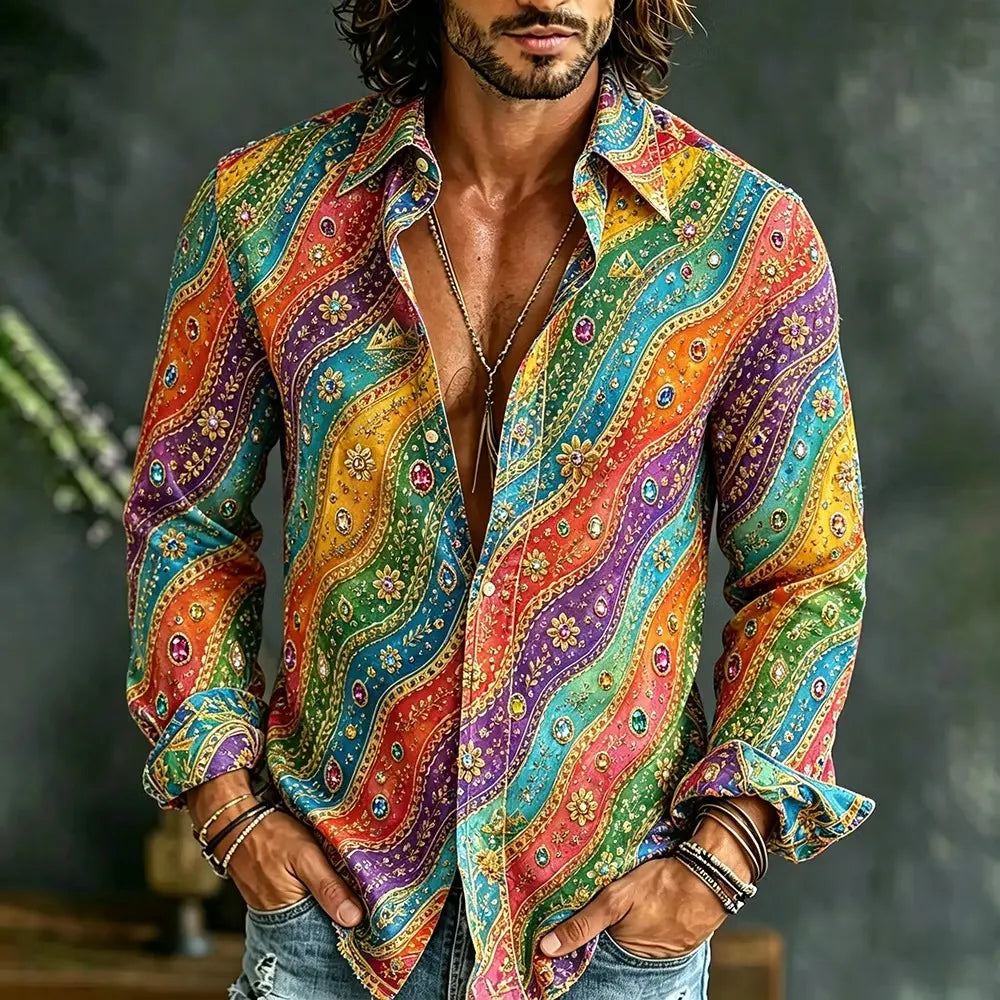 Men's Rainbow Color Abstract Pattern Print Long Sleeve Shirt