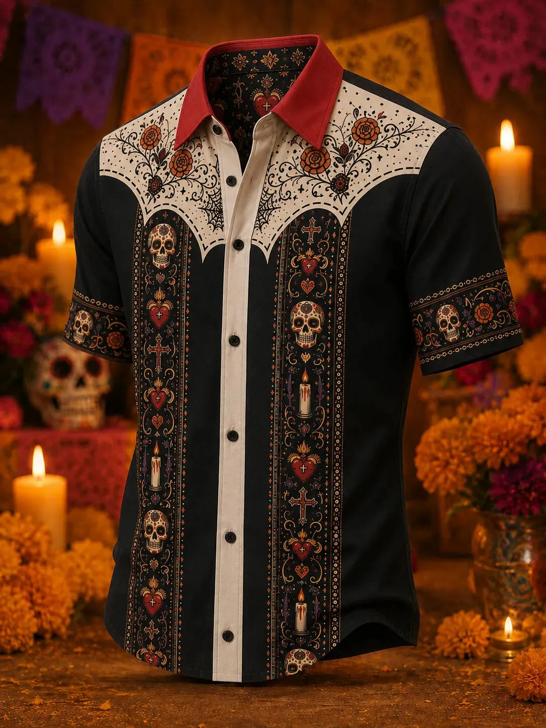Men's Day Of The Dead Print Short Sleeve Buttons Shirt