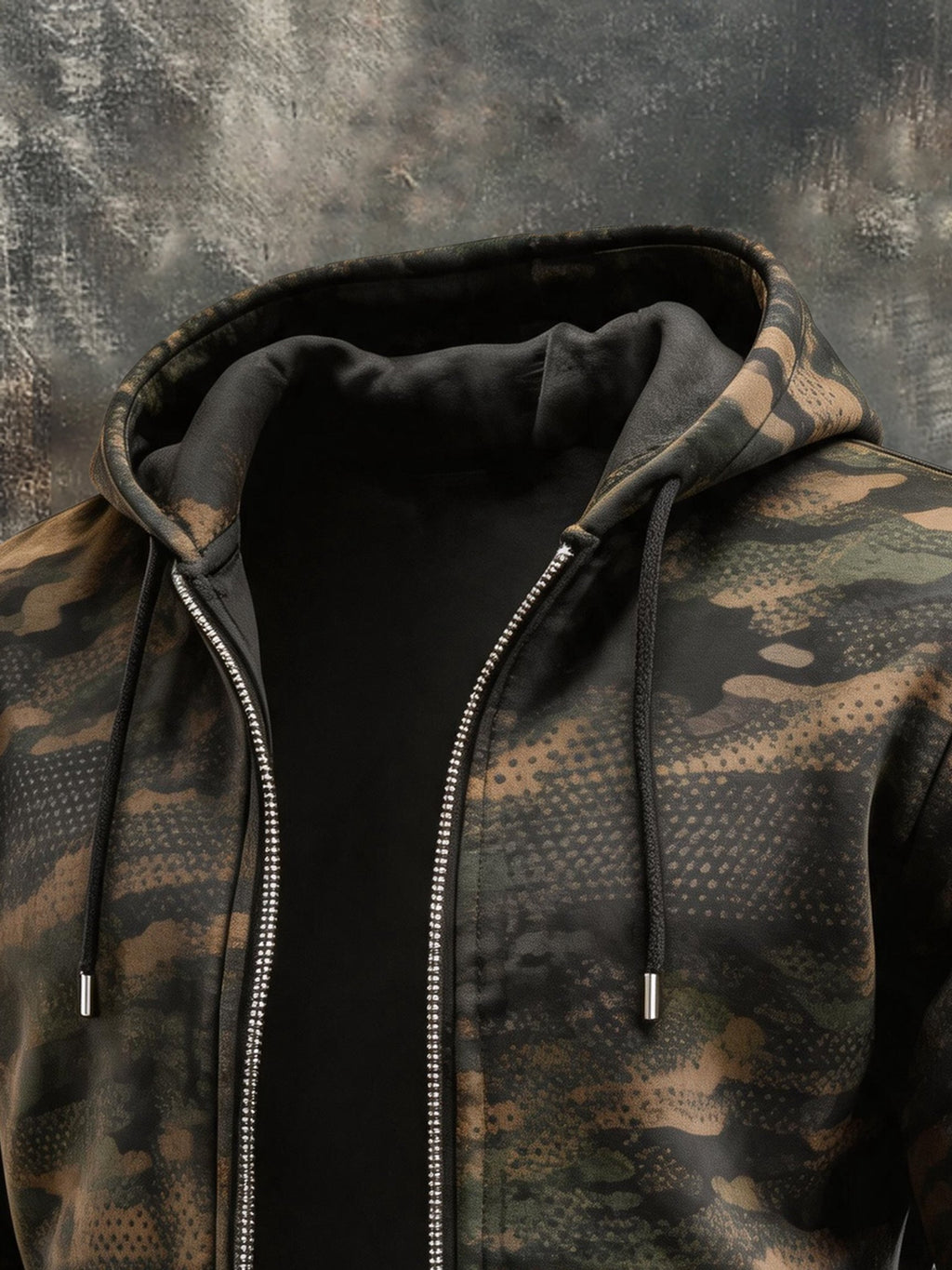 Men's Vintage Camouflage Print Hooded Zip-Up Jacket