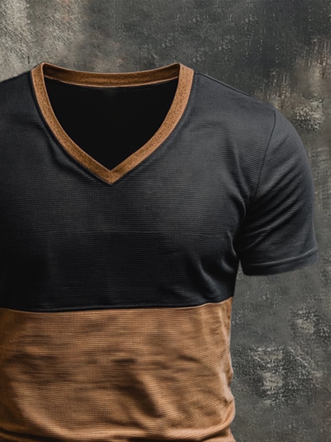 Men's retro-style washed V-neck short-sleeved T-shirt in contrasting color