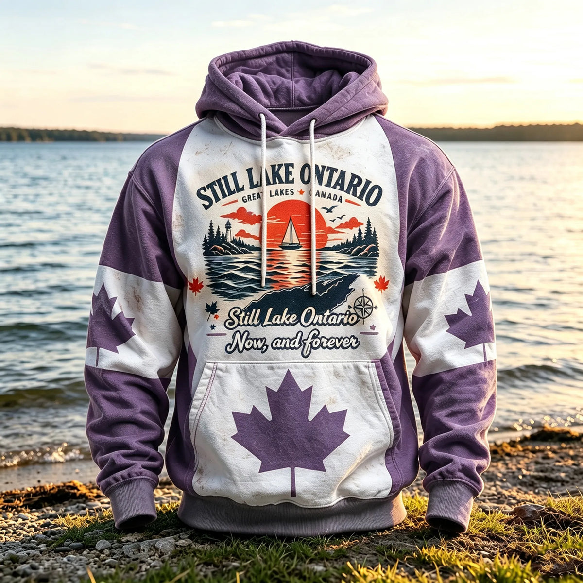 Men's Retro Lake Ontario And Maple Leaf Print Hoodie