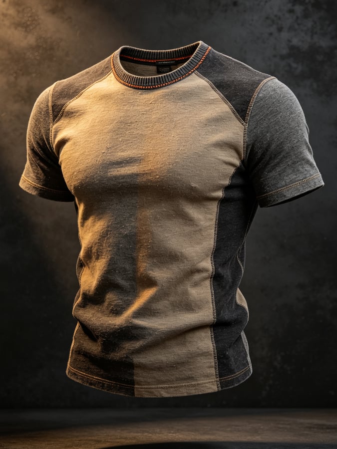 Men's Vintage-Style Distressed Color-Block T-Shirt