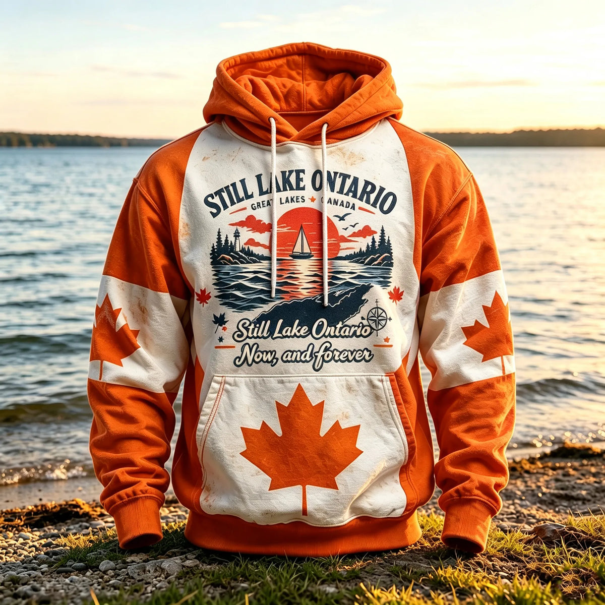 Men's Retro Lake Ontario And Maple Leaf Print Hoodie
