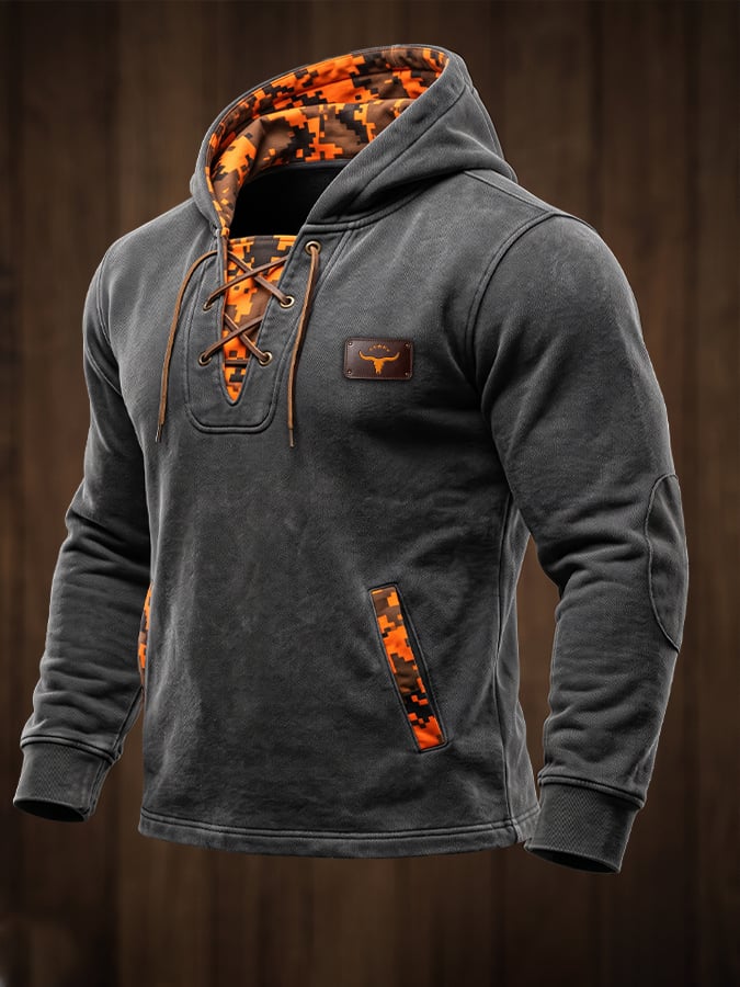 Men's Outdoor Camouflage-Panel Hoodie with Drawstring Collar