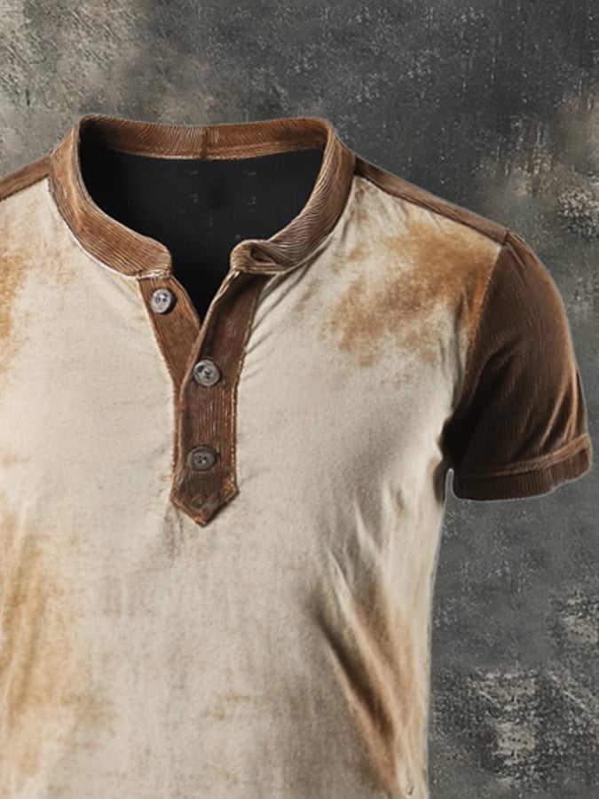 Men's Vintage Color Block Cotton Casual Henley Short Sleeve T-Shirt