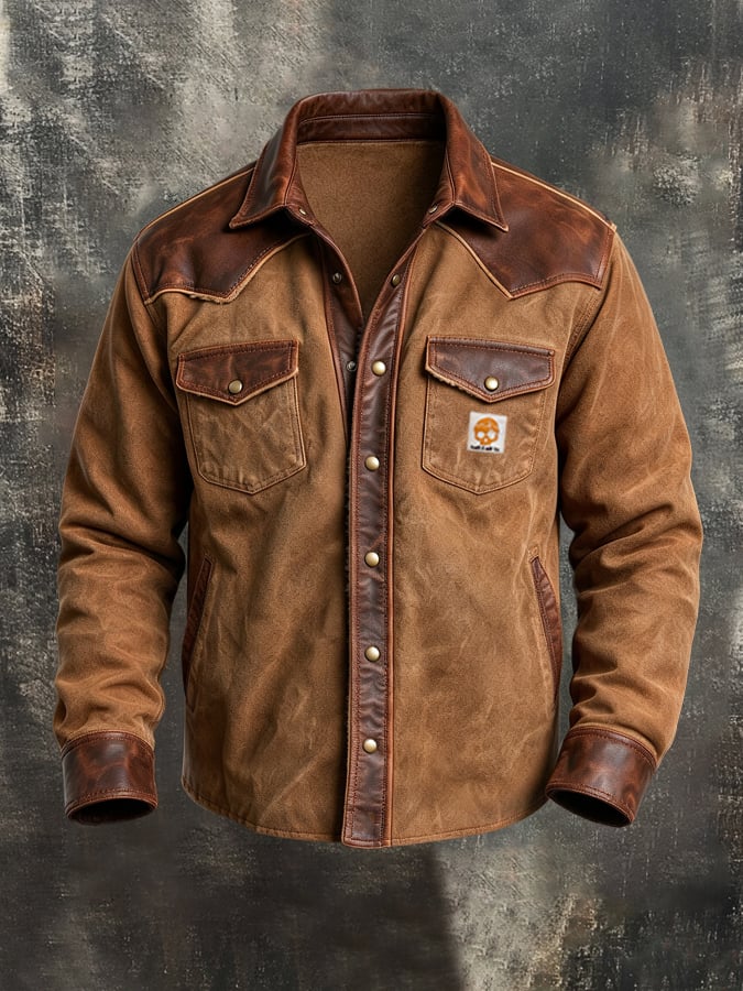 Men's Vintage Color-Block Leather Shirt Jacket
