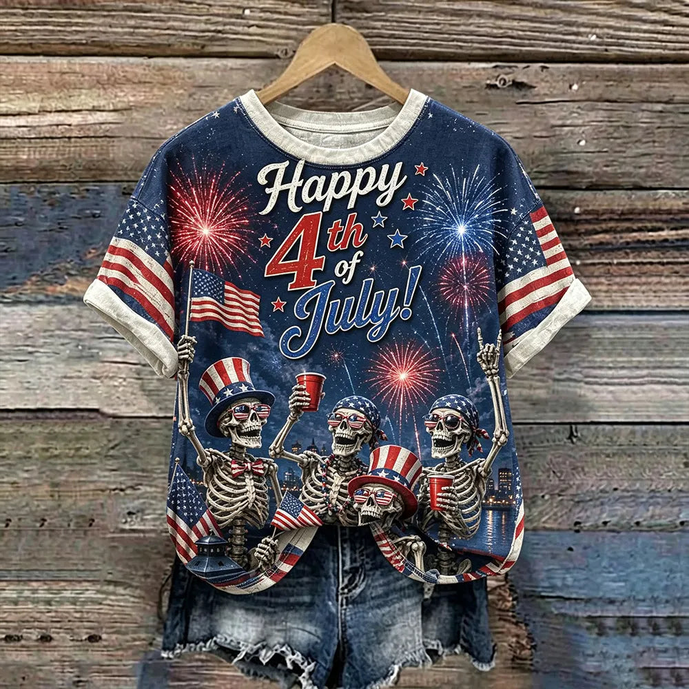 Women's Vintage Halloween And 250th Anniversary Art Print Crewneck Casual T-shir