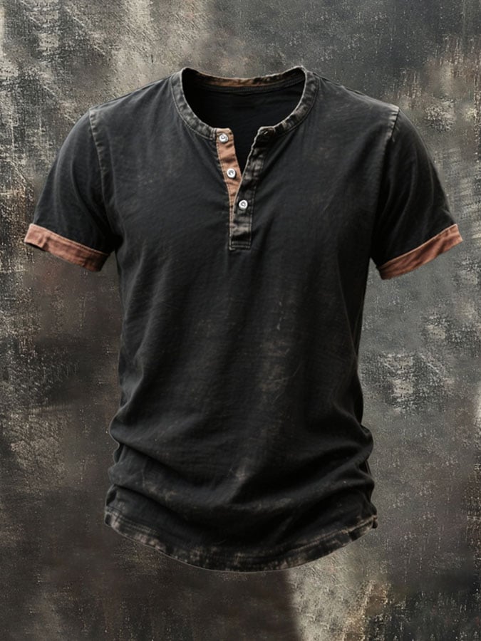 Men's Vintage Distressed Colorblock Casual Henley Short Sleeve T-Shirt