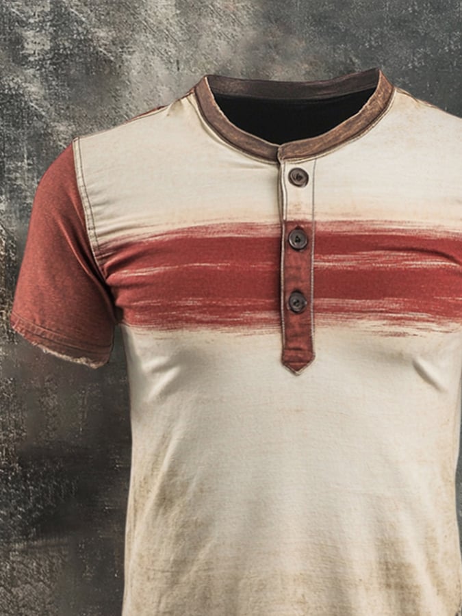 Men's Vintage Distressed Colorblock Casual Henley Short Sleeve T-Shirt