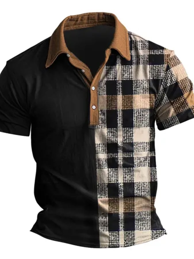 Casual, classic short-sleeved polo shirt with patchwork check pattern for men