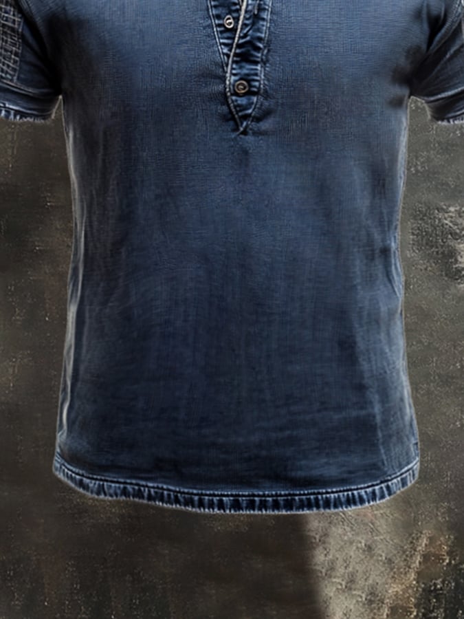 Men's casual retro color block Henley T-shirt